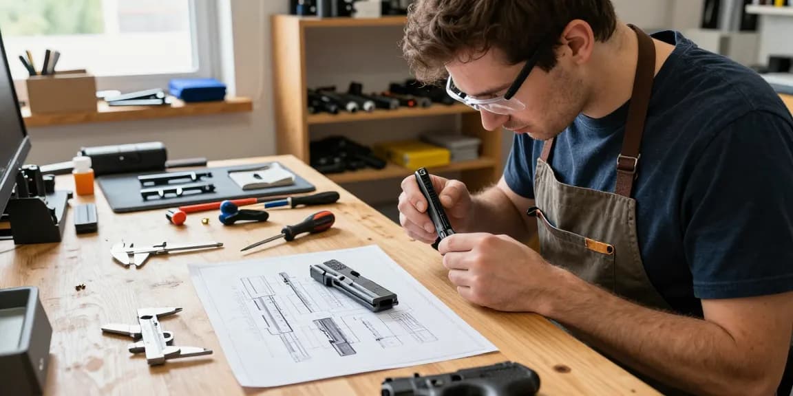 Precision gunsmithing of Glock slides at https://precisionglockslides.com in a professional workshop.