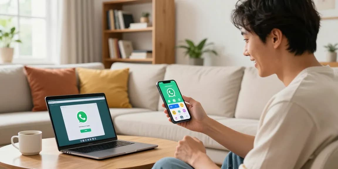 Excited user engaging with WhatsApp下載 on smartphone in vibrant living room.