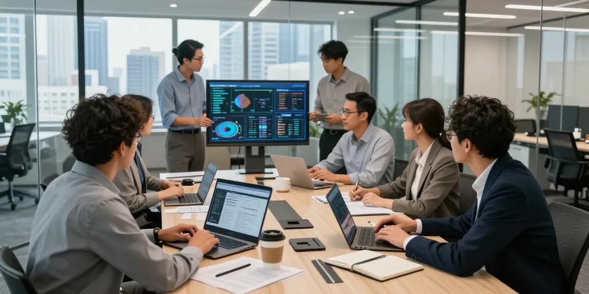 Team collaborating on IT support in business strategy around a conference table in a modern office.