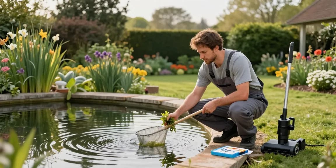 Professional Pond Cleaning Sussex with a skilled worker inspecting water quality alongside a lush garden pond.