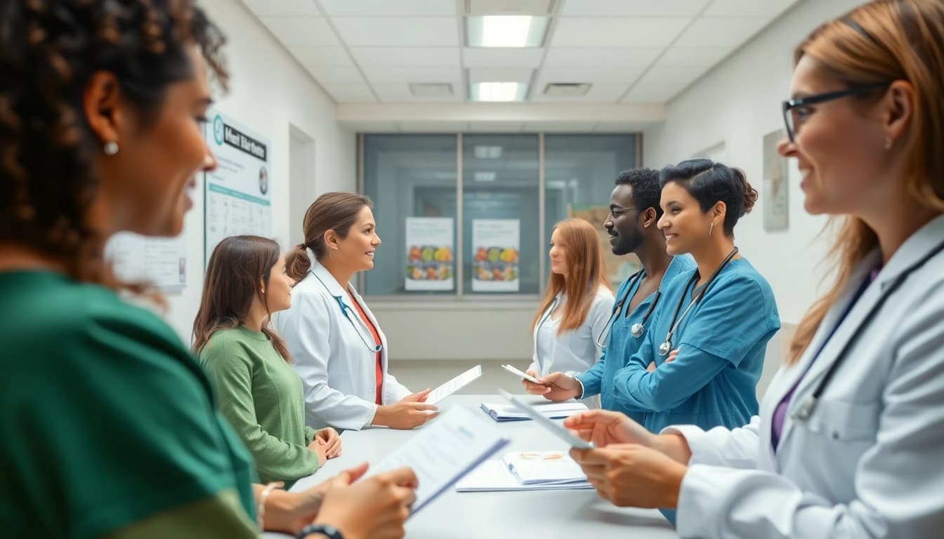 Engaging health conversation in a modern clinic highlighting diverse patients.