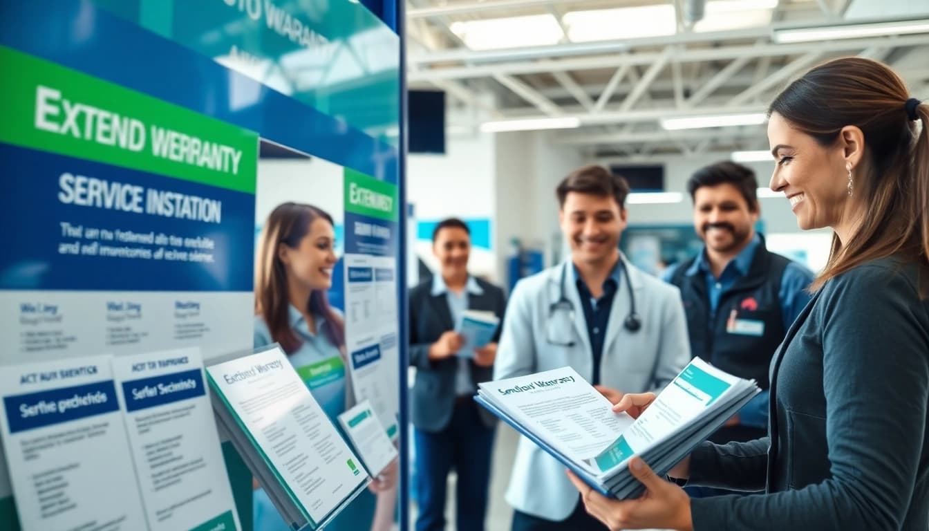 Explore extended auto warranty plans presented at a modern vehicle service station.