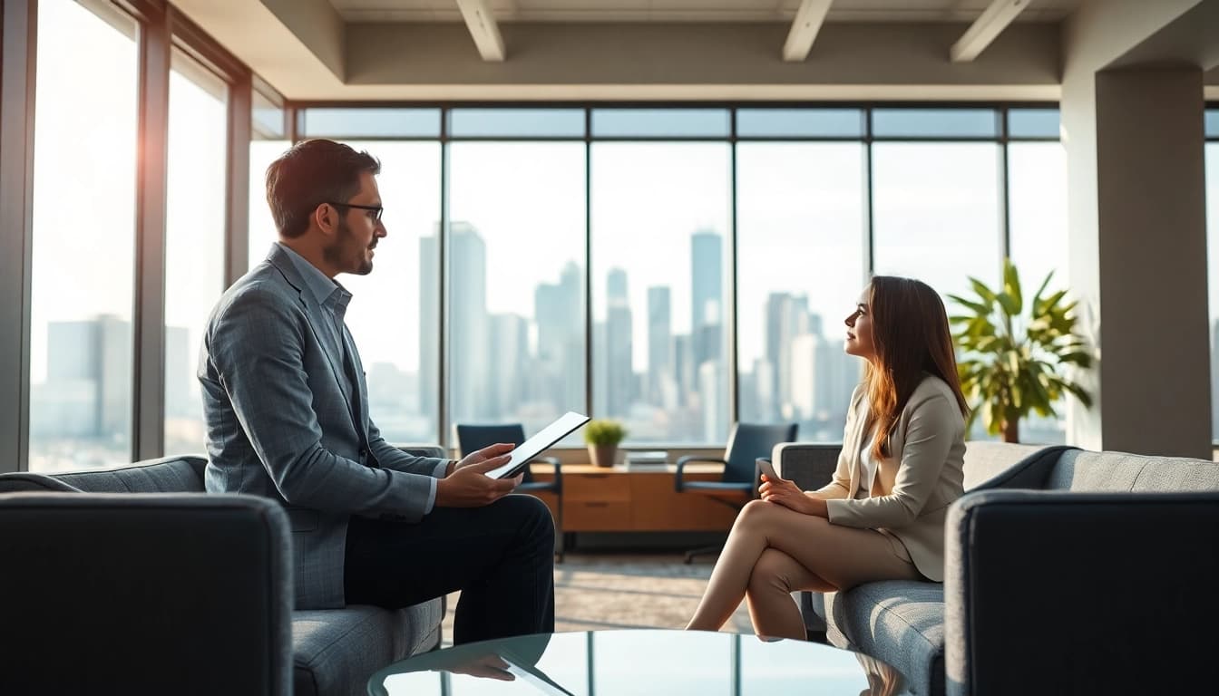 Real Estate agent engaging with a client in a bright, modern office.