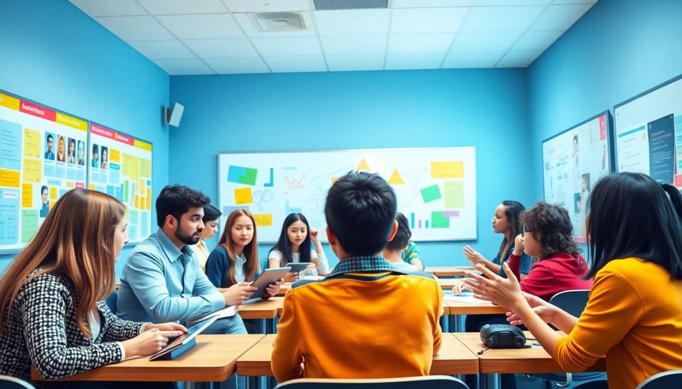Education scene with diverse students collaborating in a vibrant classroom.