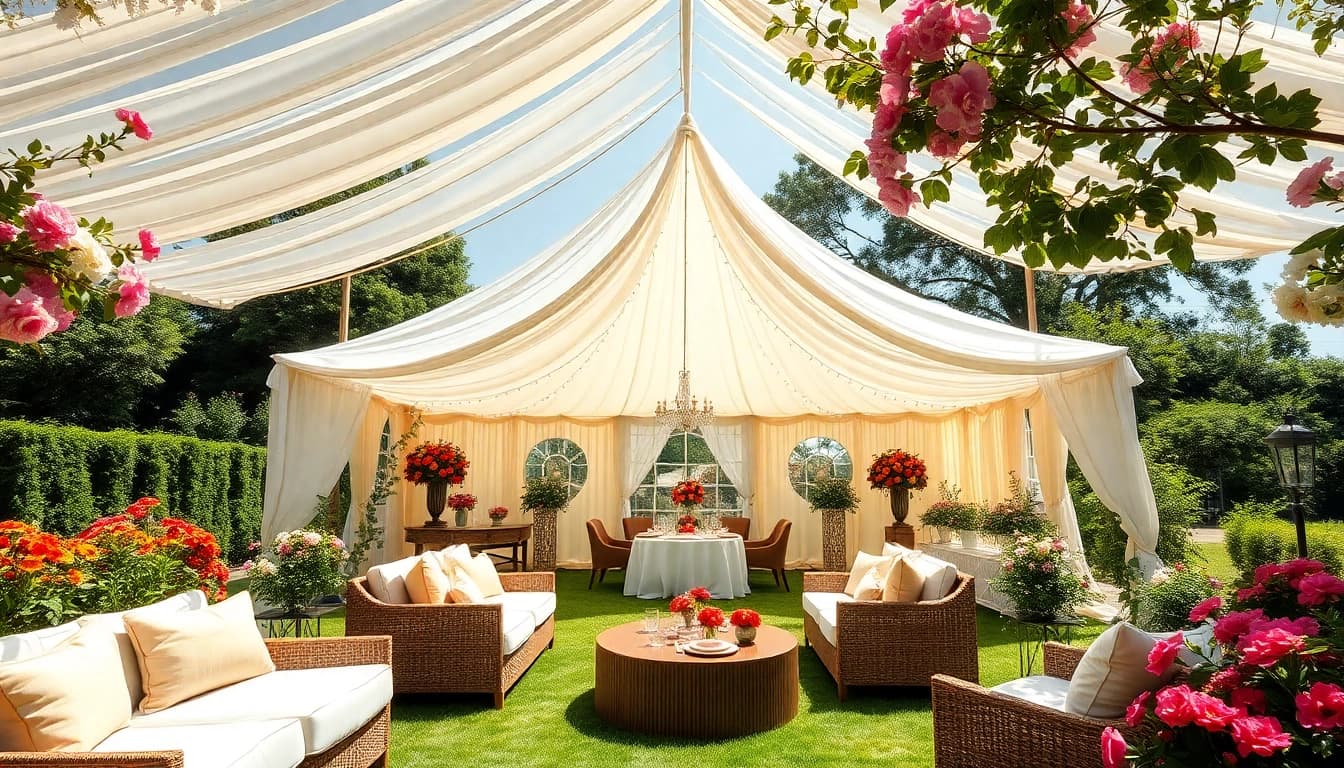 Stunning party tent rentals set up in a vibrant garden for an elegant outdoor event.