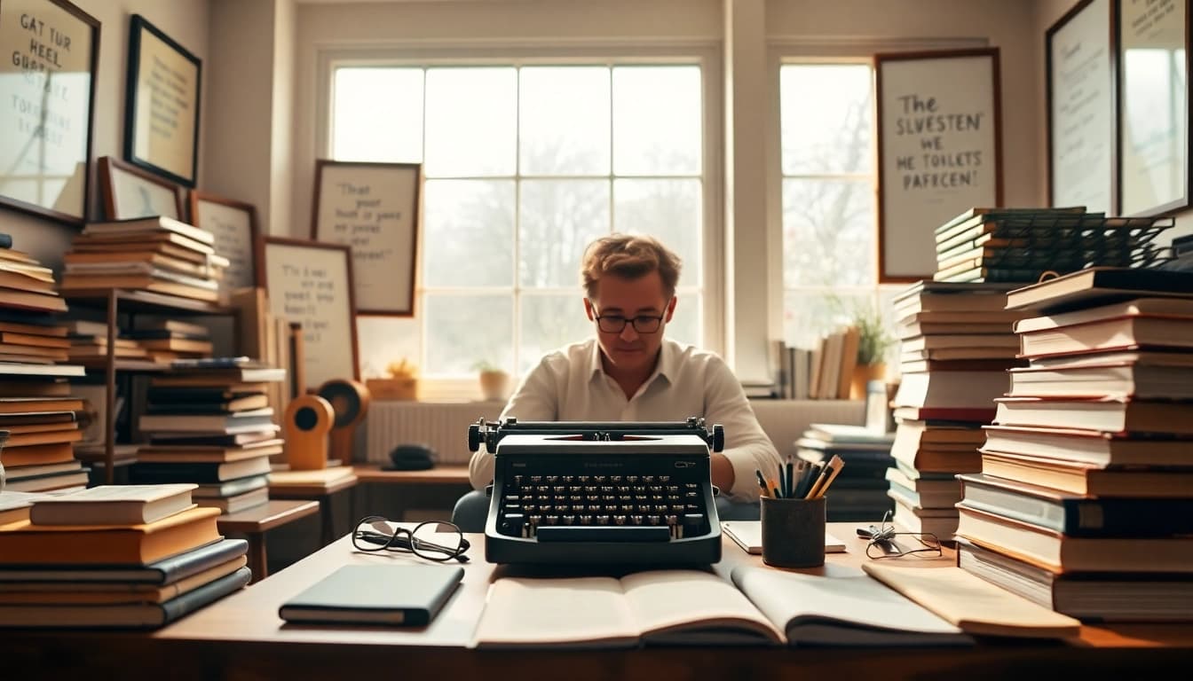 Author at work in a cozy studio setting with typewriter and natural light.