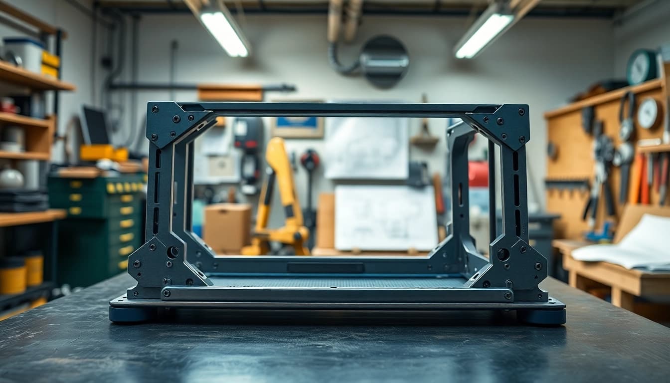 View of pf940v2 frame on a workshop table surrounded by tools and schematics.