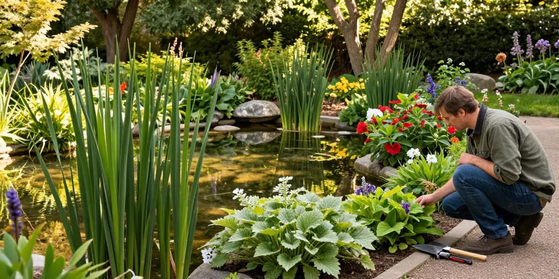 Marginal Pond Plants flourishing in a peaceful garden pond with gardener inspecting foliage.