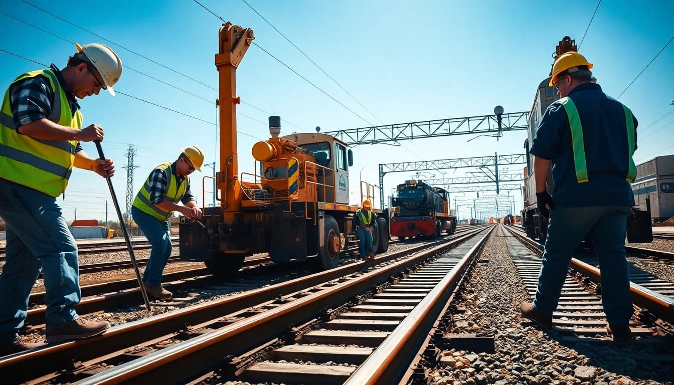 Workers from great plains rail contractors installing railway tracks with heavy machinery in a bright construction scene.