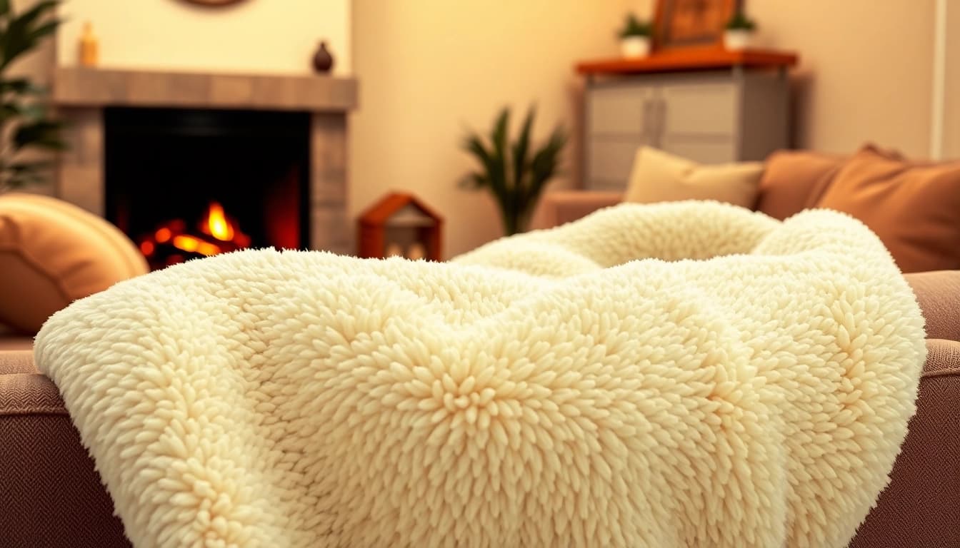 Fleece deken op een gezellige bank in een warme woonkamer.