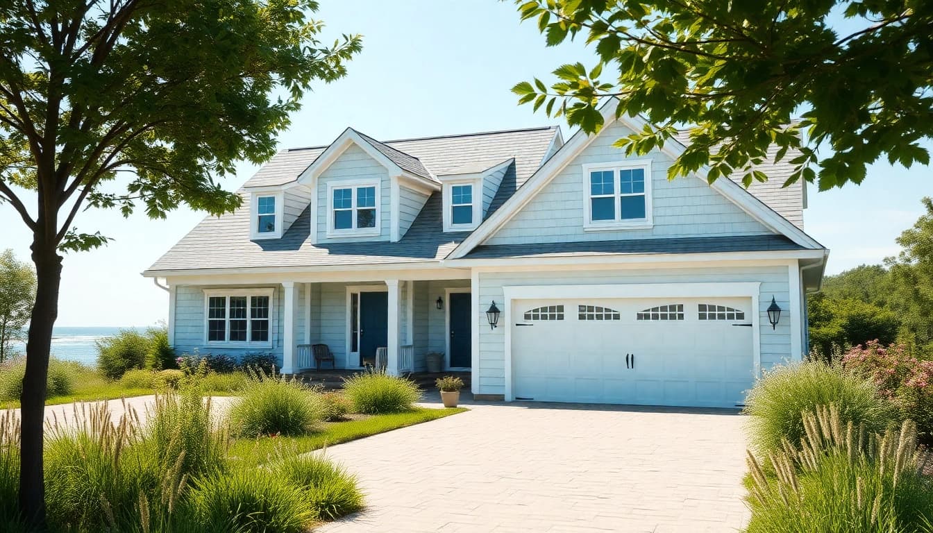 Captivating view of a cape cod home with a stylish attached garage, surrounded by nature.