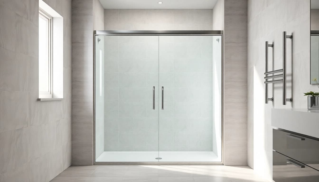 View of sliding shower doors in a modern bathroom highlighting elegance and functionality.