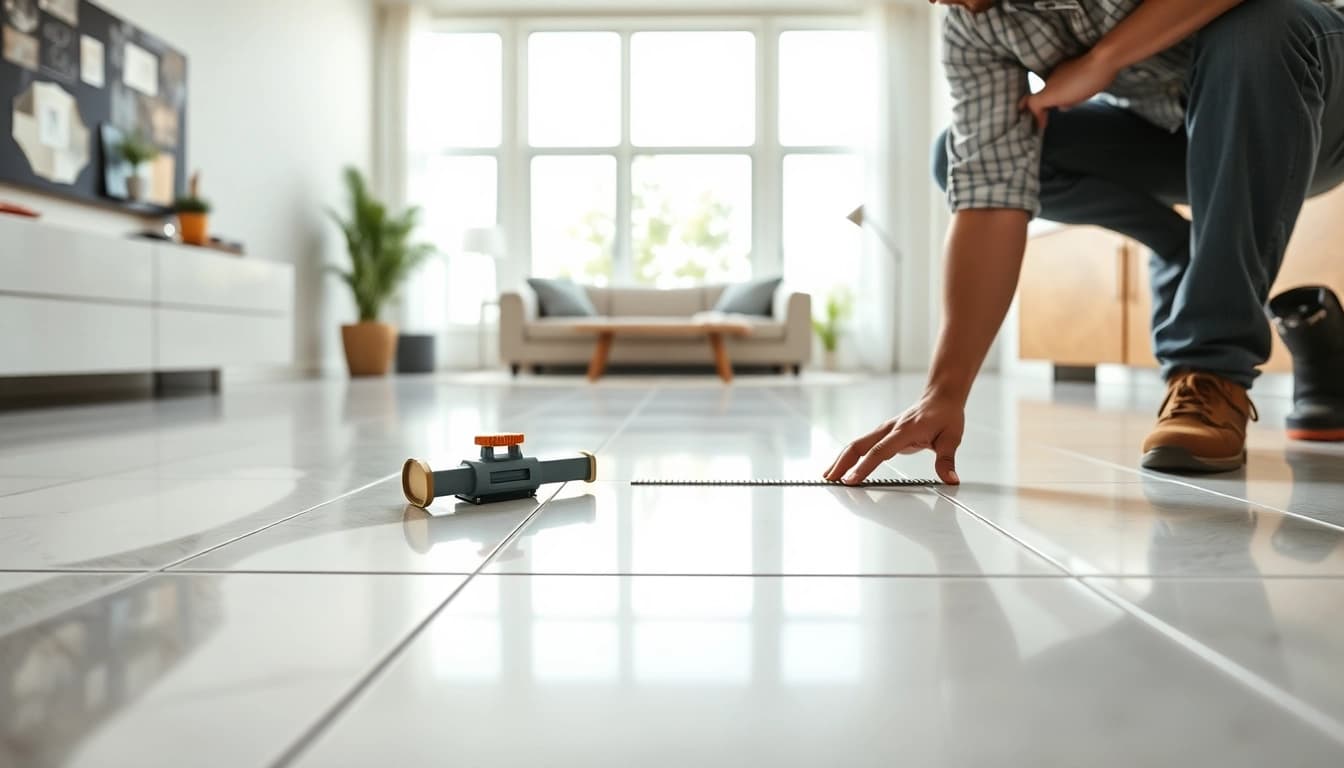 Installing high-quality tile in a bright, modern living room setting with a professional craftsman.