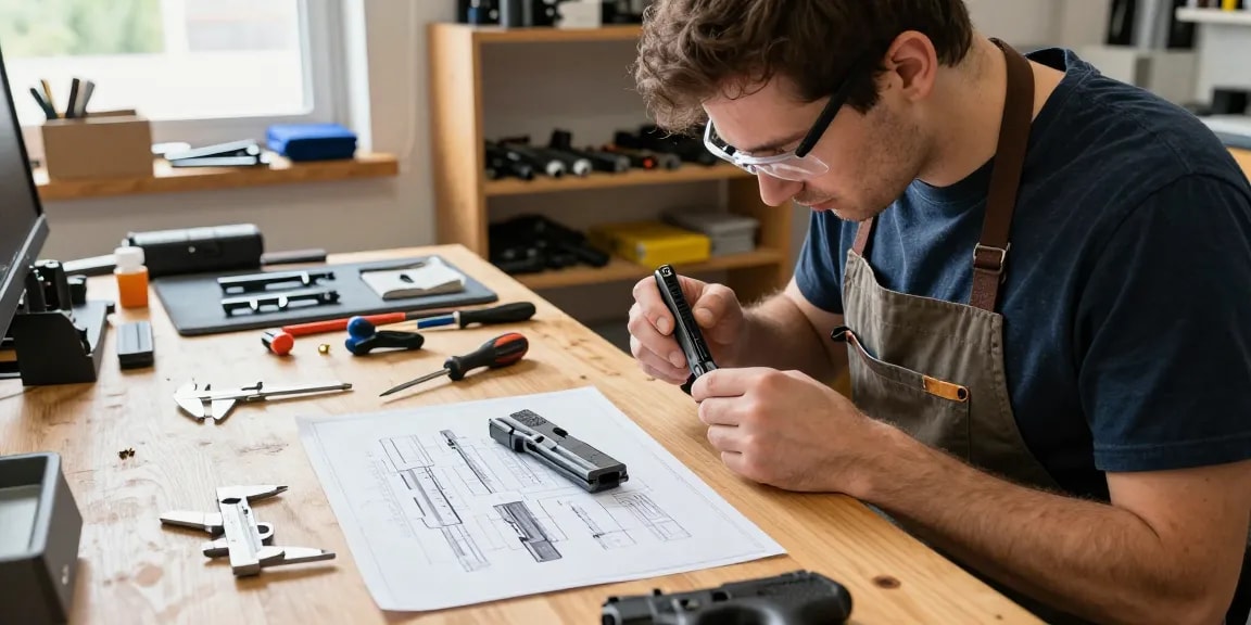 Precision gunsmithing of Glock slides at https://precisionglockslides.com in a professional workshop.