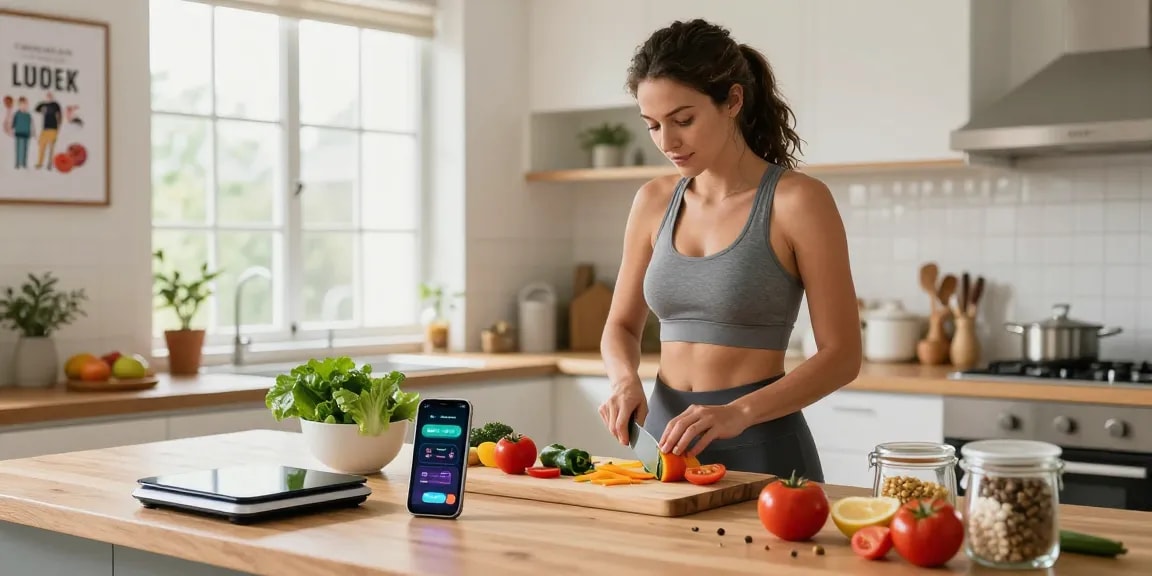 The best weight loss app showcased in a lively kitchen scene with a woman preparing a nutritious meal.