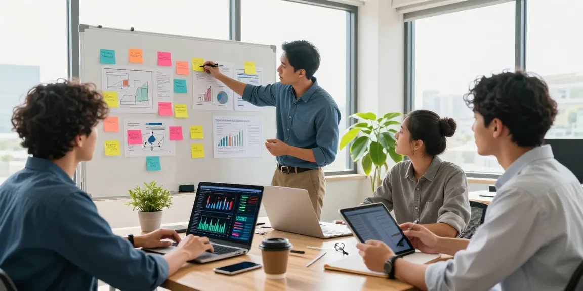 Diverse professionals engaged in digital marketing strategy, showcasing Digital Marketing Heroes in an inspiring workspace.