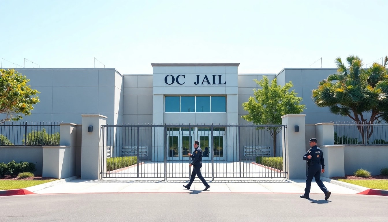 OC Jail's main entrance with security guard, focusing on law enforcement and facility details.