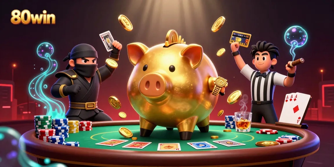 80win showcases an action-packed scene with a golden piggy bank sumo wrestler and poker elements.