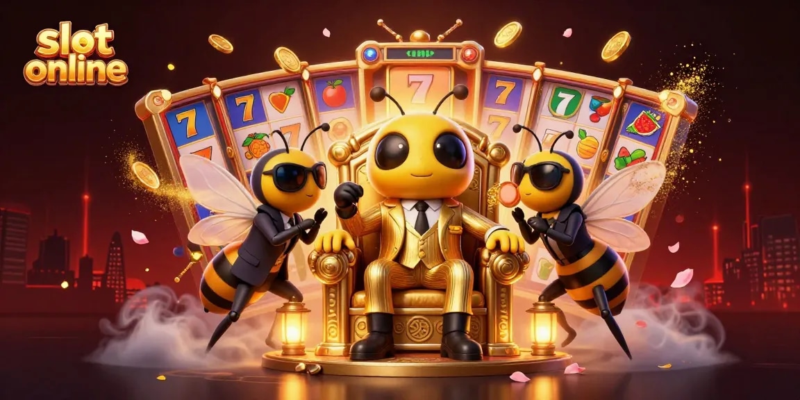 Engage with the vibrant scene of a slot online casino featuring a bumblebee mob boss and dynamic elements.
