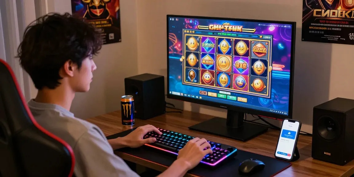 Situs slot deposit 10 ribu with a player engaging in an exciting online gaming experience at home.