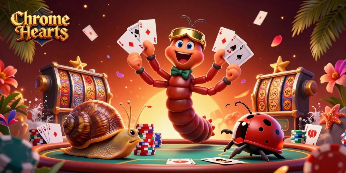 Play with excitement in the Chrome Hearts online casino featuring vibrant characters, poker tables, and dynamic chip stacks.