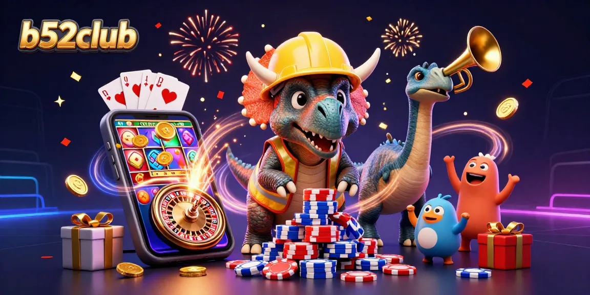 Cheer at B52club with a triceratops and parasaurolophus as they build a poker chip pyramid in a festive environment.
