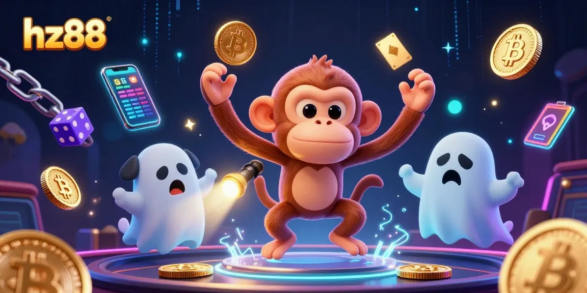 hz88 showcases playful spirit in a haunted casino, juggling coins and chips among vibrant crypto elements.