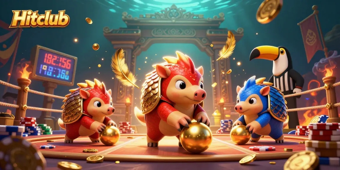 Hitclub pangolins compete in a vibrant casino-themed battle amid golden confetti and chips.