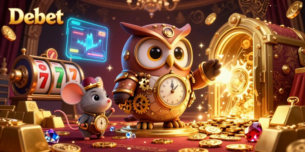 Engage with the vibrant, animated world of Debet through a 3D casino-themed illustration filled with slot games and treasures.
