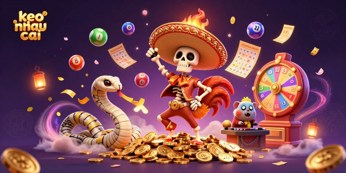 Engage with keo nha cai through dynamic gaming visuals showcasing vibrant characters, lottery balls, and cash.