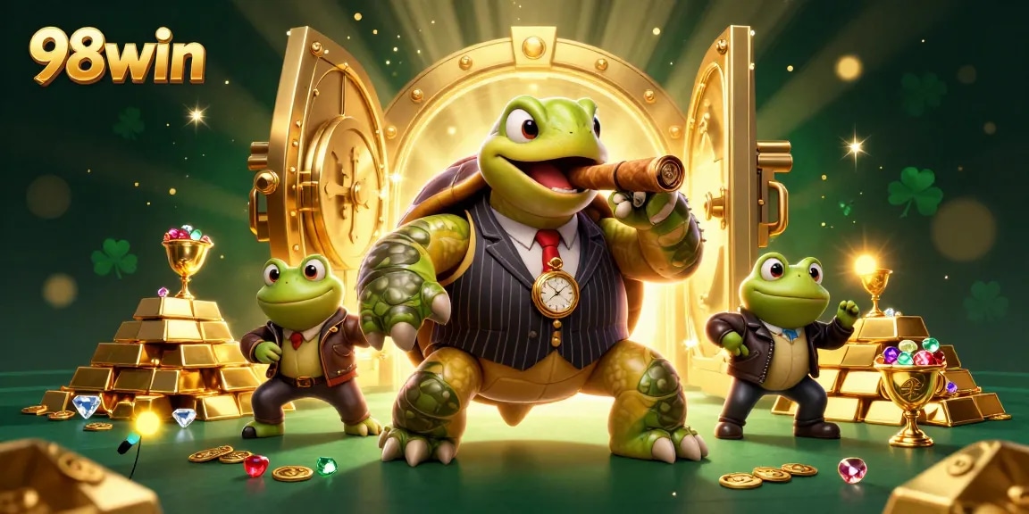 Play and win at 98win with fun characters on a vibrant casino scene filled with treasures.