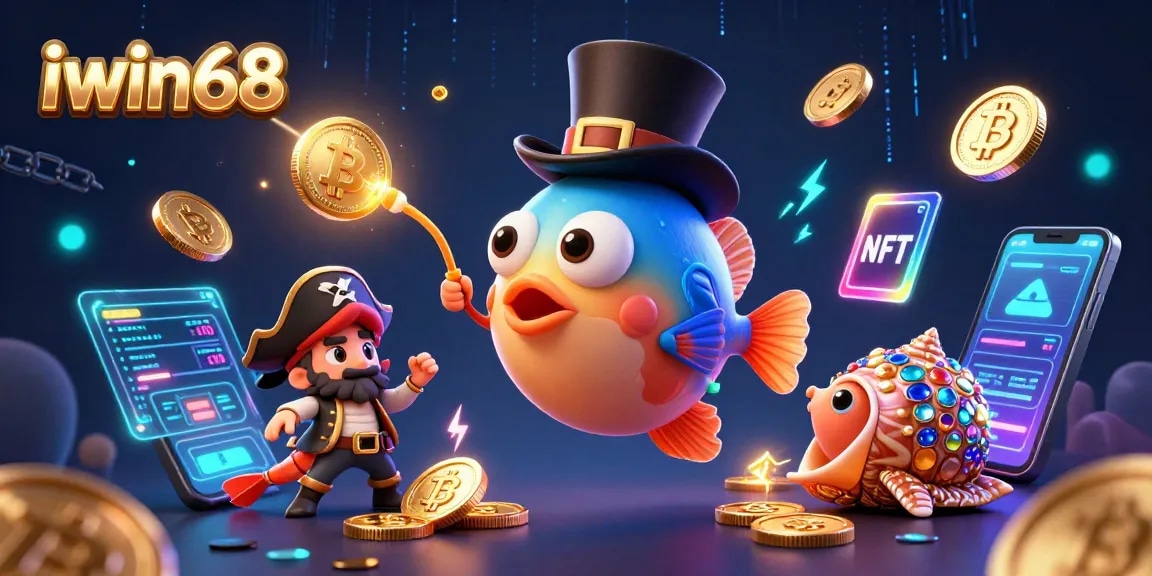 Experience thrilling gaming at iwin68 with captivating characters and crypto elements in a vibrant 3D illustration.