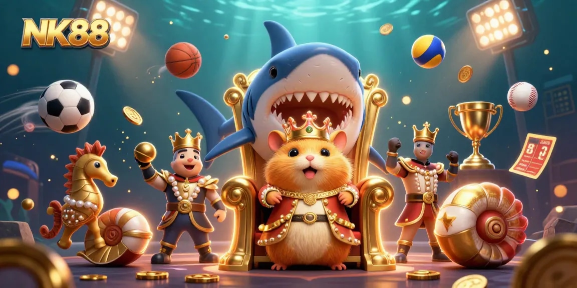 Experience thrilling gameplay at NK88 with vibrant 3D casino elements and a golden hamster king.