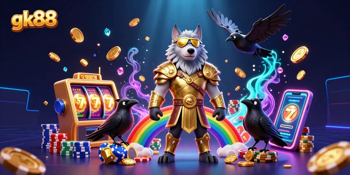Experience gk88 with the golden Odin wolf, ravens, and casino elements in a vibrant illustration.