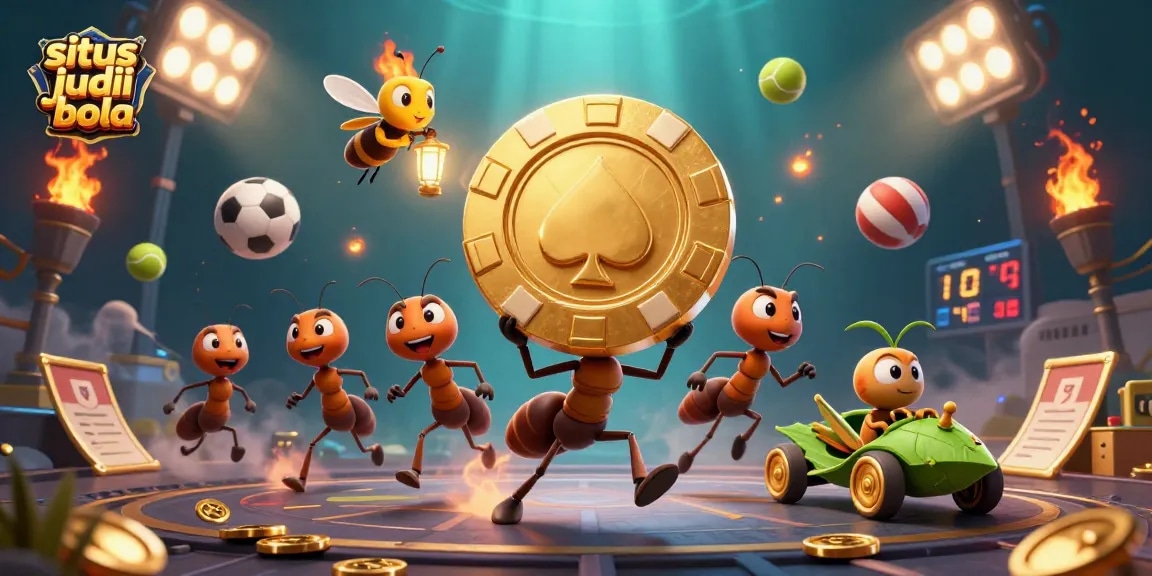 Engaging scene illustrating situs judi bola with animated ants carrying a huge poker chip in a vibrant casino heist.