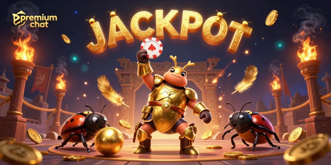 Engage in premium chat ambiance as the hercules beetle celebrates with winning poker chips in a vibrant casino.