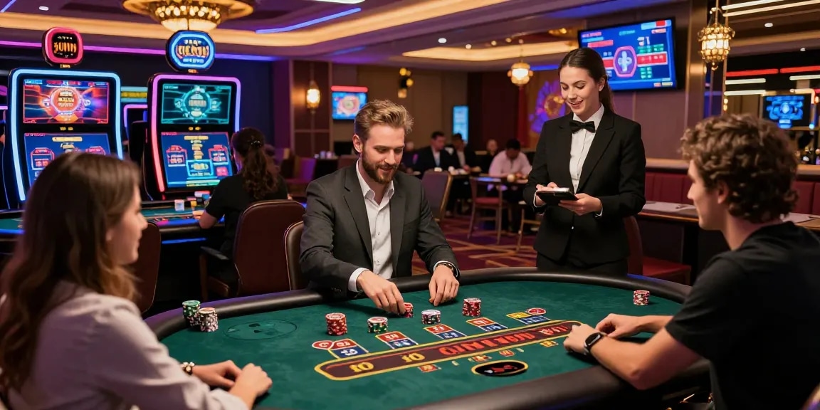 Players enjoying premium games at happyluke online casino, celebrating victories in a vibrant atmosphere.