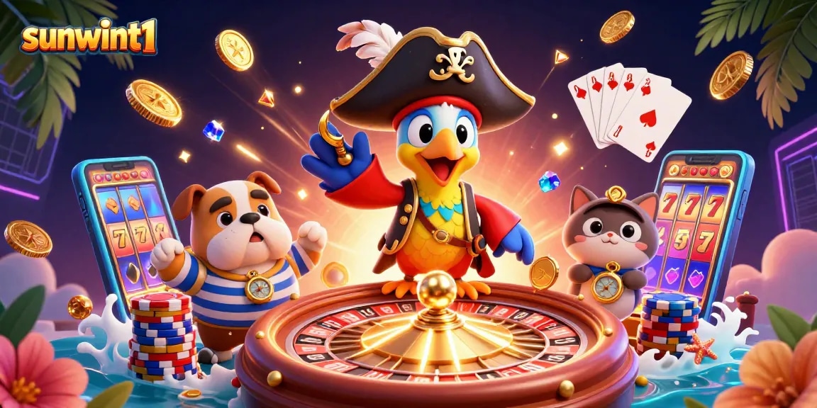 Spin to win with sunwint1 as pirate characters dive into casino adventures amidst sparkling treasure!