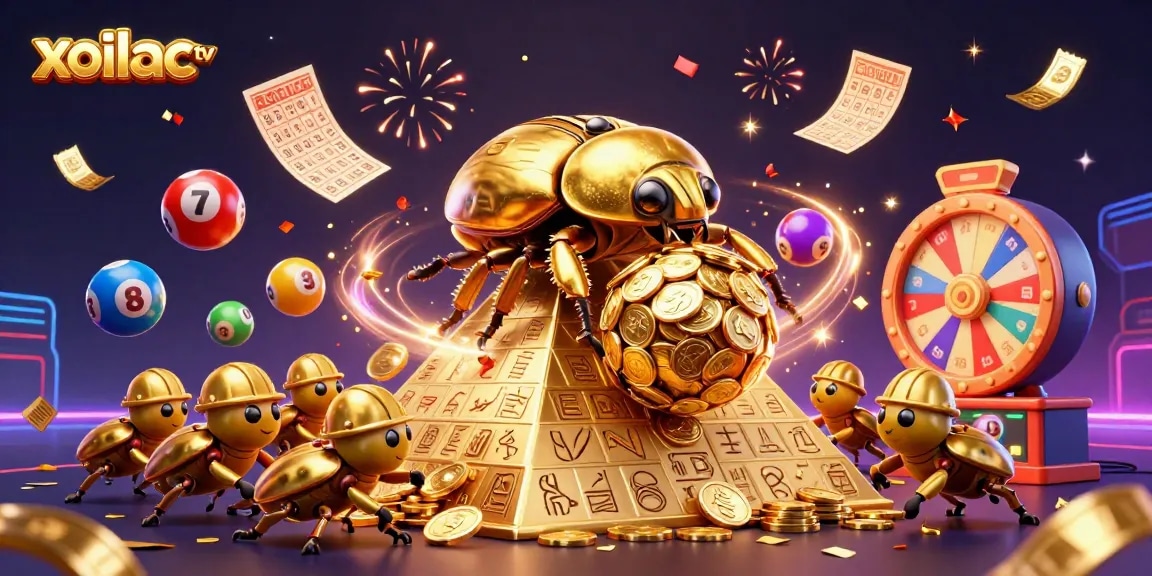 Engage with xoilac tv's exciting features as golden beetles roll coin-filled trophies under fireworks.
