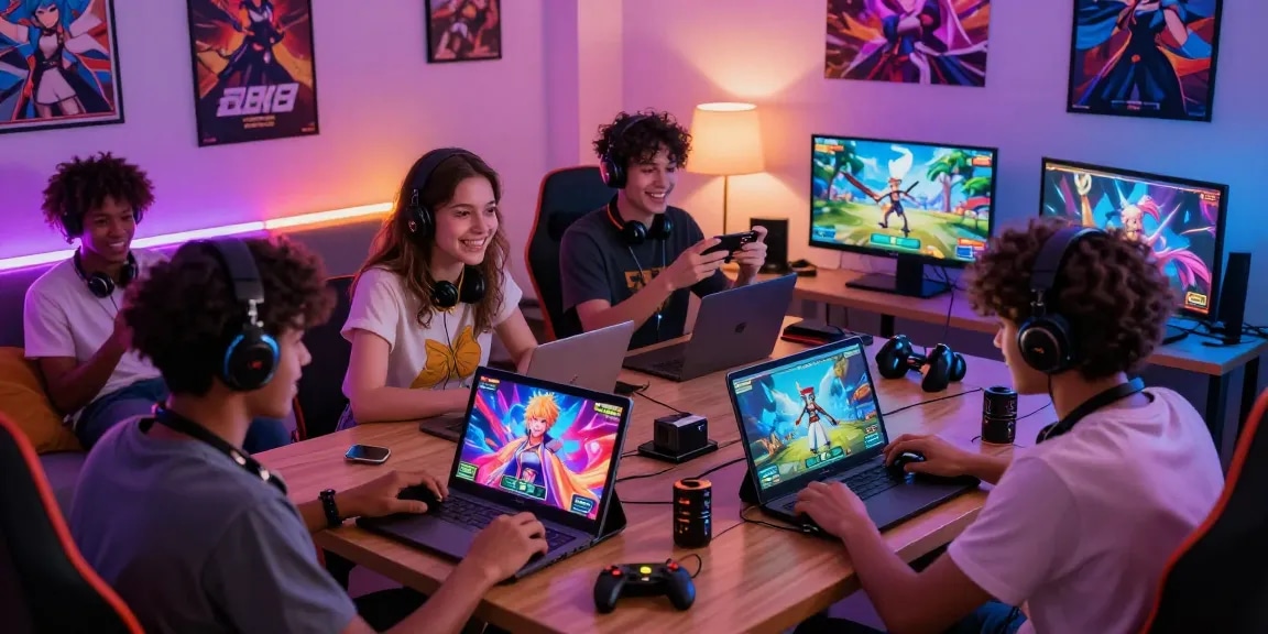 Enthusiastic gamers enjoying online ecchi games in a vibrant gaming den