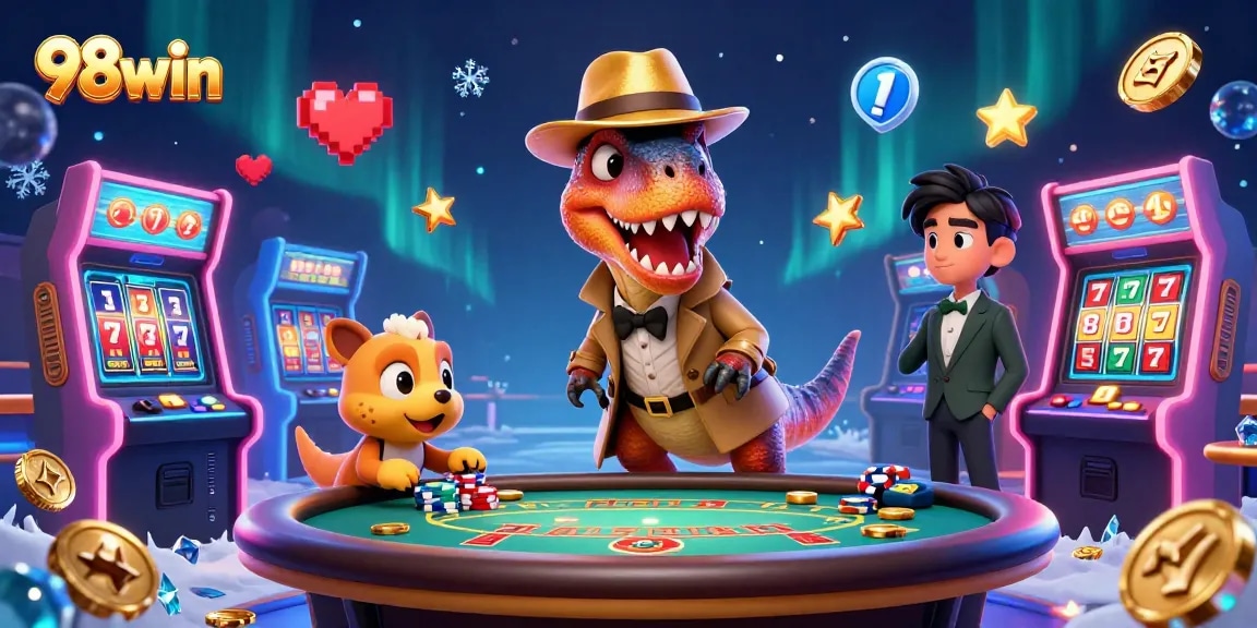Watch the action of 98win at a blackjack table with a velociraptor card counter and fun game elements.