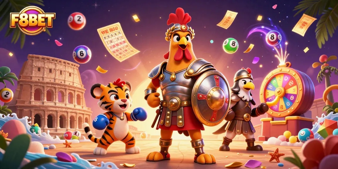 Enjoy dynamic F8BET gaming with a vibrant 3D illustration featuring energetic characters and betting elements.