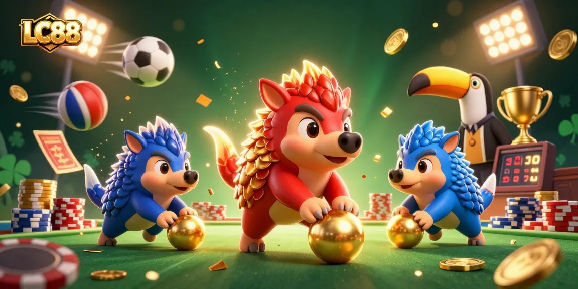 Engaging scene showcasing LC88 with dynamic pangolins, poker chips, and golden sports balls.