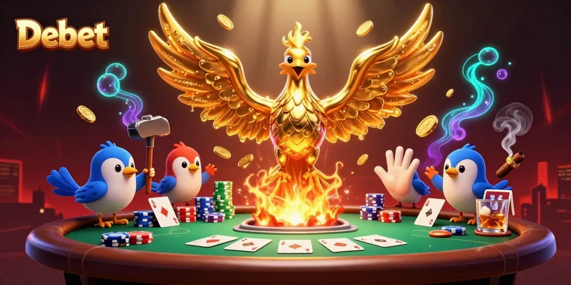 Experience the thrills of Debet's casino with a stunning golden phoenix, iconic poker elements, and vibrant game atmosphere.