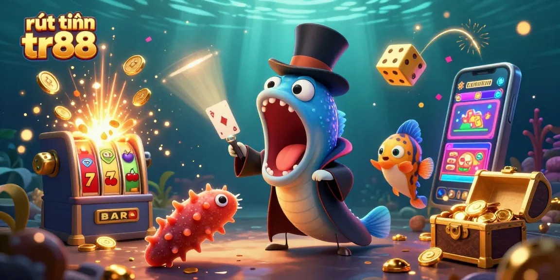 Experience rút tiền tr88 with a dazzling underwater casino scene featuring vibrant characters and game elements.