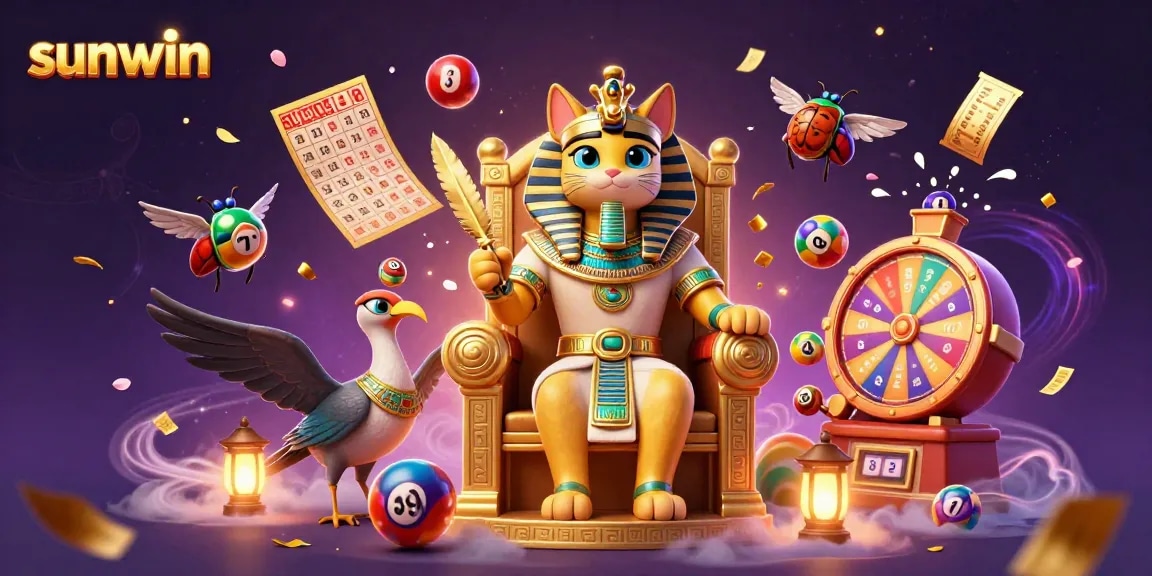 Join the sunwin pharaoh cat and scribe in a vibrant lottery atmosphere.