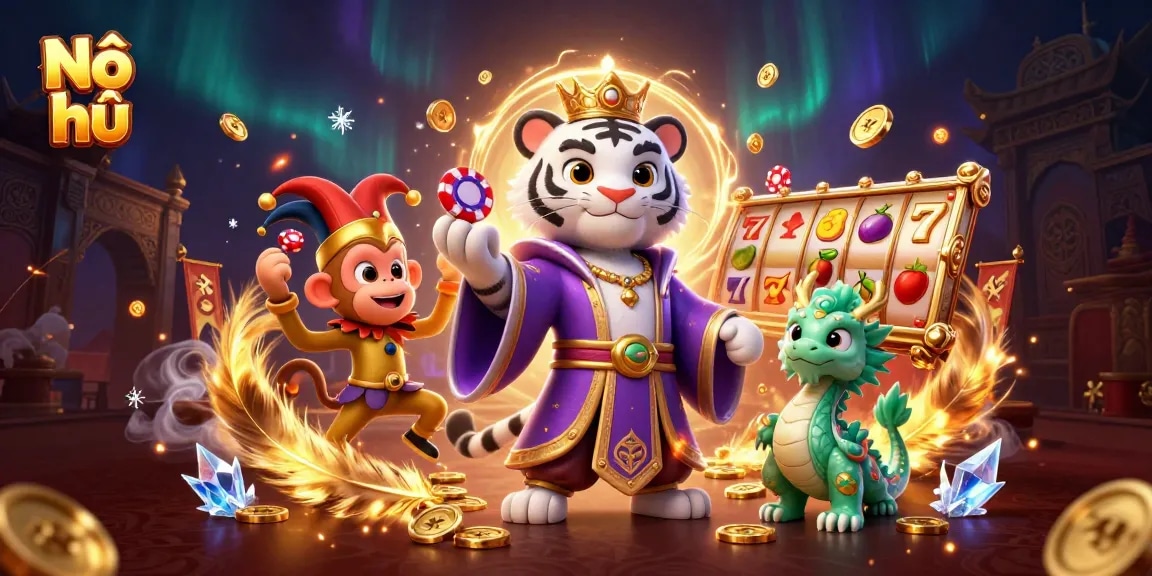 Nổ hũ activities illustrated with a royal tiger, a jester monkey, and a jade dragon playing in a vibrant casino scene.