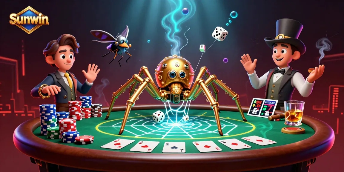 Sunwin spider entangles dice in a vibrant casino web, showcasing playful gambling chaos.