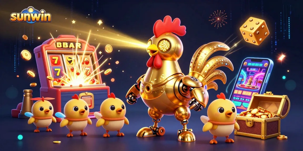 Experience thrilling moments with sunwin's golden rooster robot in a vibrant casino landscape.