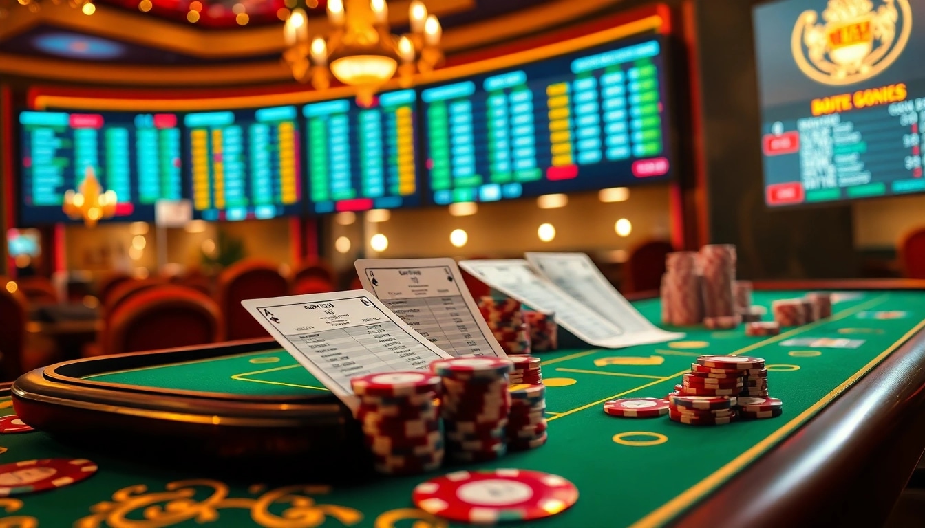 Situs bola online betting excitement with vibrant casino elements and live sports displays.